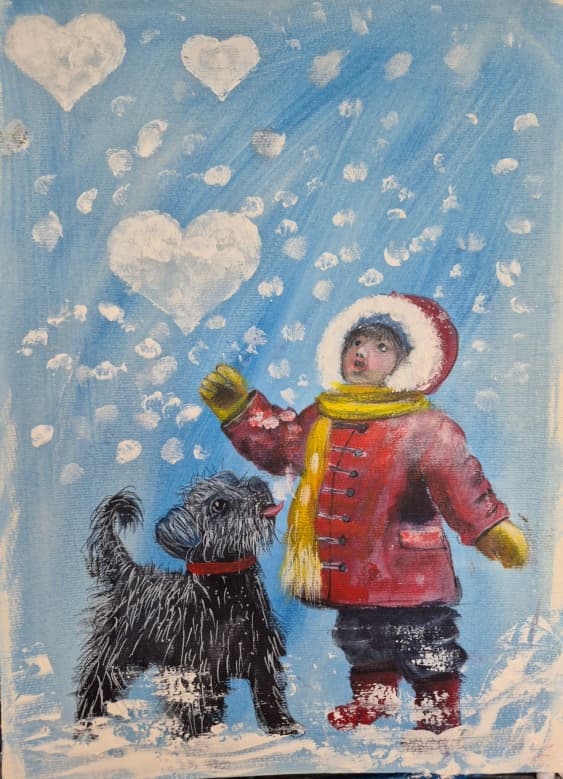 Original A3 canvas painting of child in red coat and scruffy black terrier dog playing in snow with heart shaped clouds β whimsical expressive winter art, textured acrylic ink, blue sky, white snow, yellow scarf