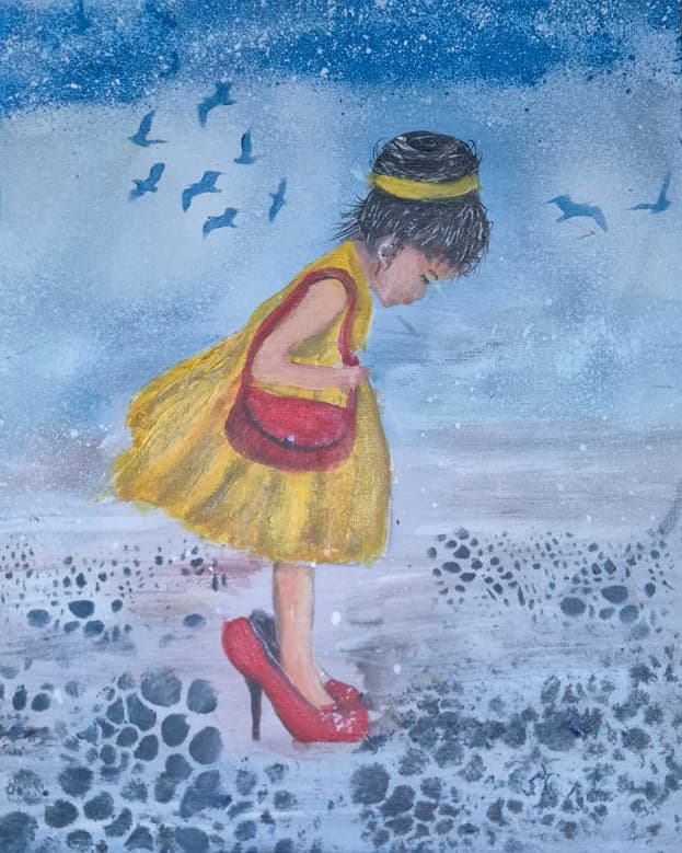 Alt text: Original A3 painting, whimsical art, young girl in yellow dress, oversized red high heels, pink handbag, seascape background, nostalgic figurative art, one-of-a-kind hand-painted artwork, unique original art, childhood theme, expressive brushwork, home decor, wall art.