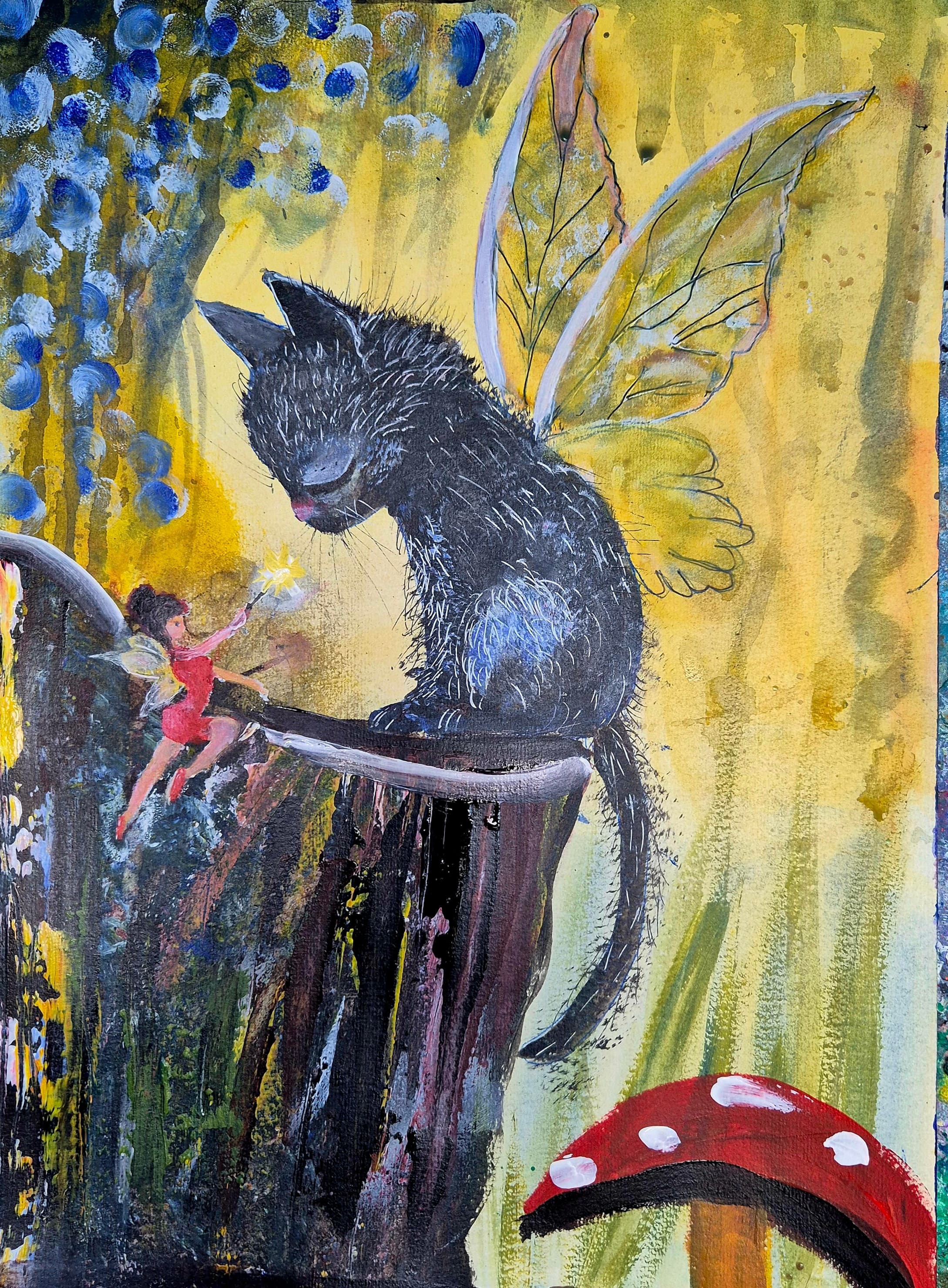 Original A3 acrylic painting titled 'The Kitten Who Wished He Could Fly' β Black kitten with fairy wings, magic fairy with wand in enchanted forest, red toadstool, blue berries, whimsical fantasy art, textured expressive style